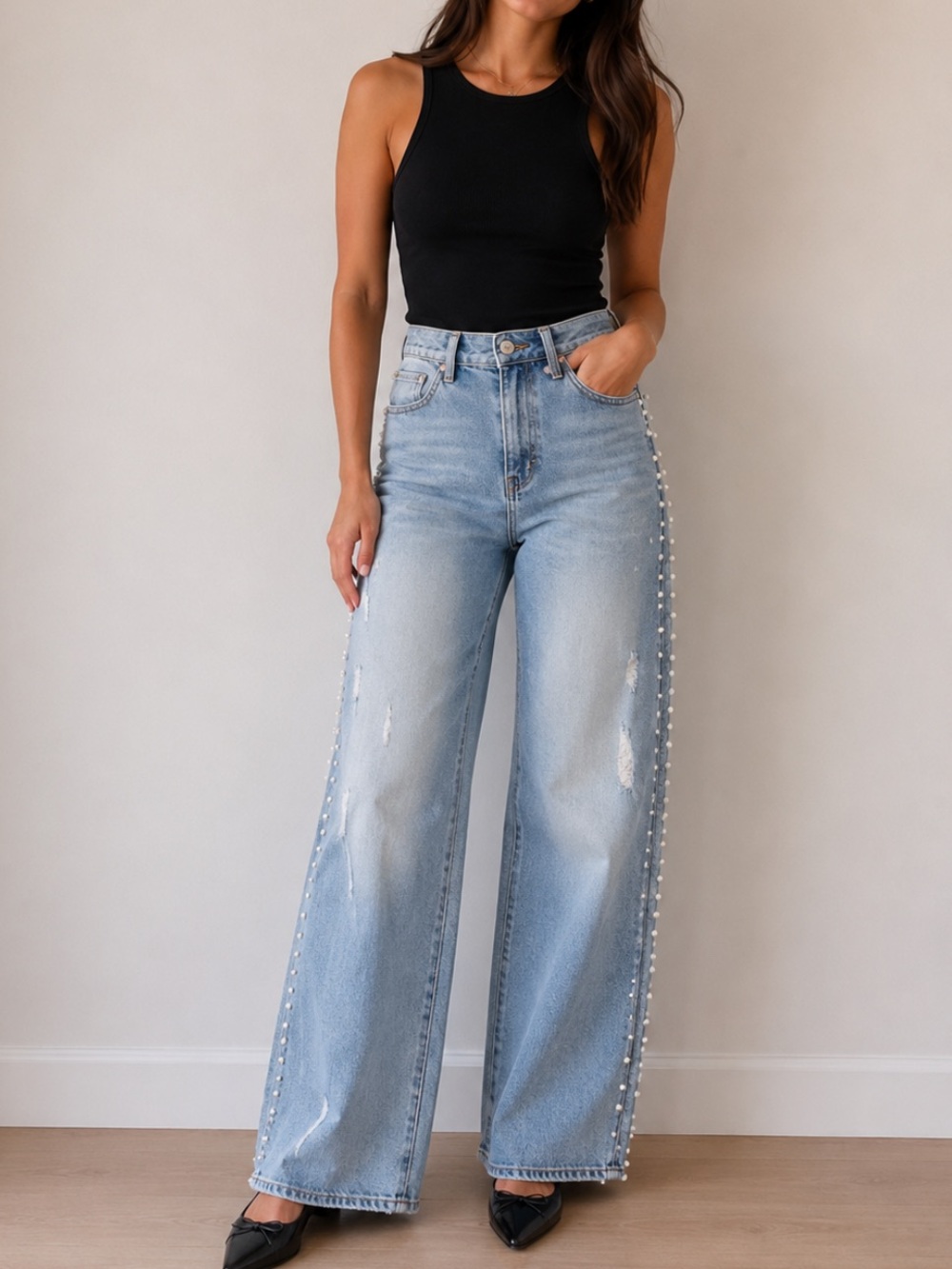 High-Rise Light Blue Wide-Leg Jeans with Pearl Side Trim